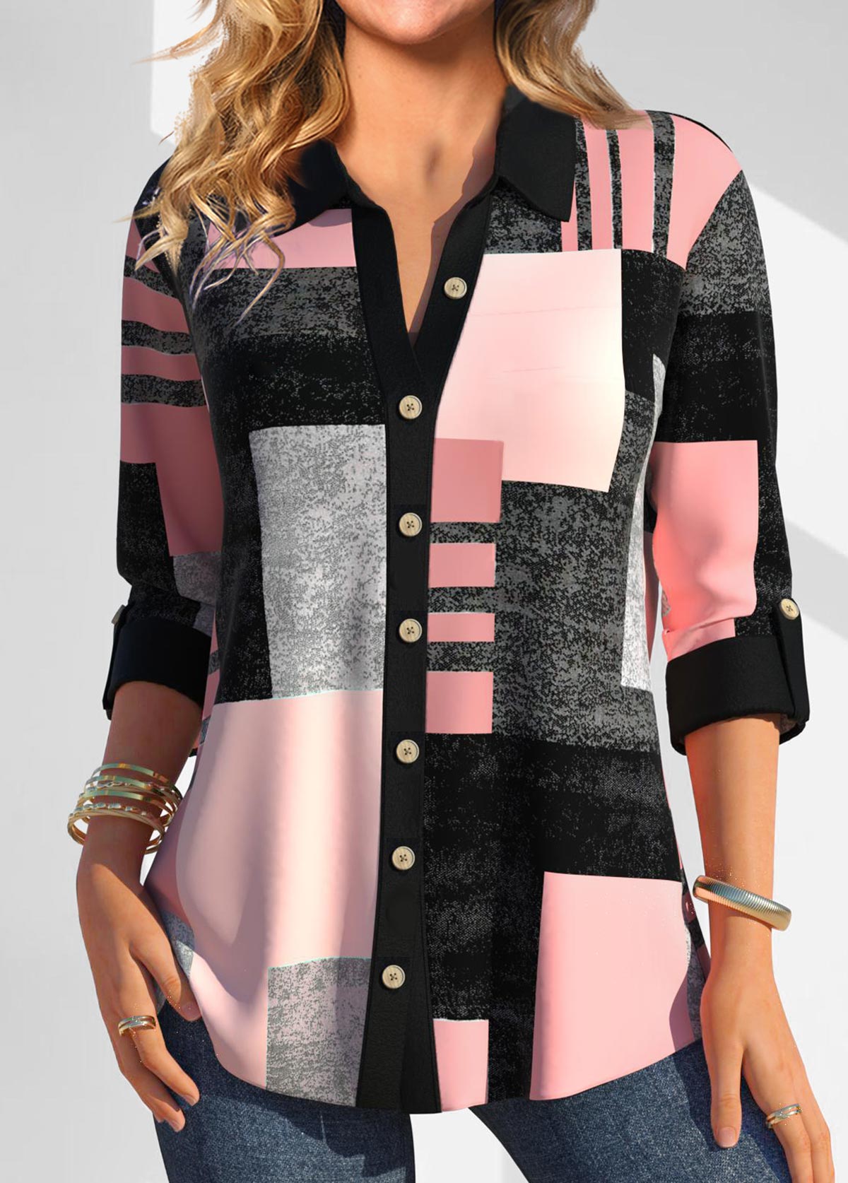 ROTITA Button Geometric Print Pink Shirt Collar Blouse