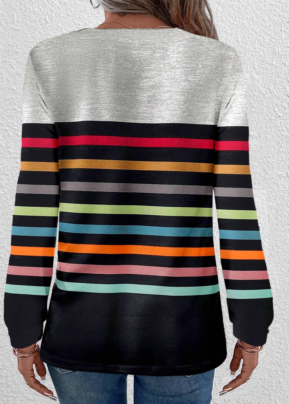 Multi Color tops,Rainbow Color tops,Striped tops,Geometric tops,ROTITA Button Multi Stripe Print Round Neck T Shirt