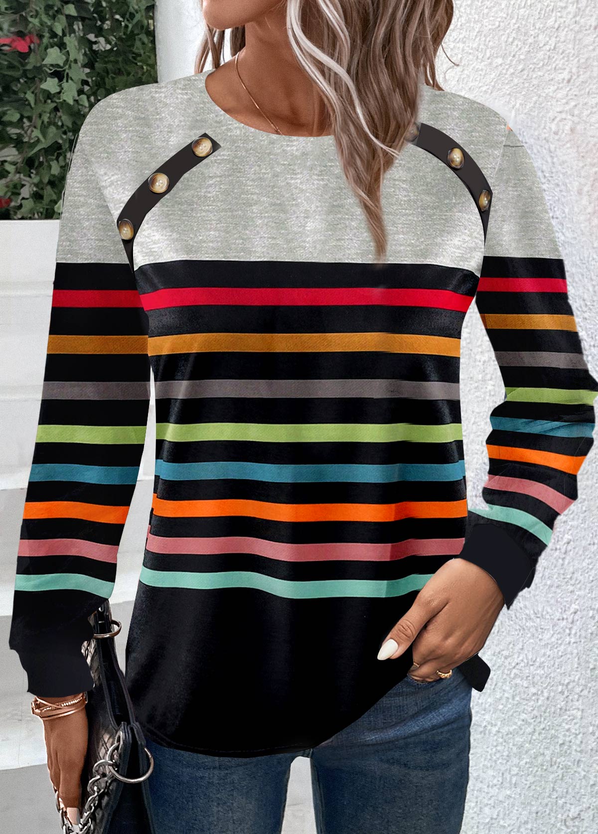 Multi Color tops,Rainbow Color tops,Striped tops,Geometric tops,ROTITA Button Multi Stripe Print Round Neck T Shirt