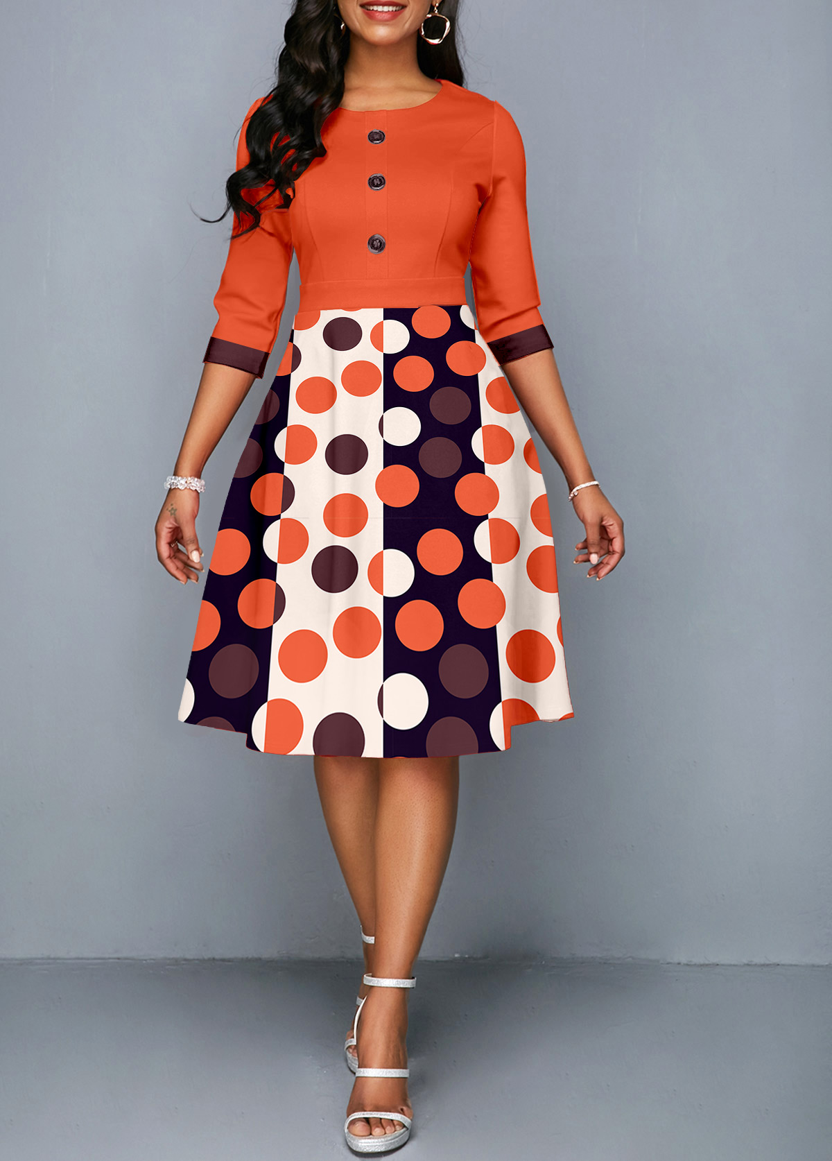 Orange dresses,White dresses,Geometric dresses,Dot dresses,Party dresses,Elegant dresses,ROTITA Button Geometric Print Orange Round Neck Dress