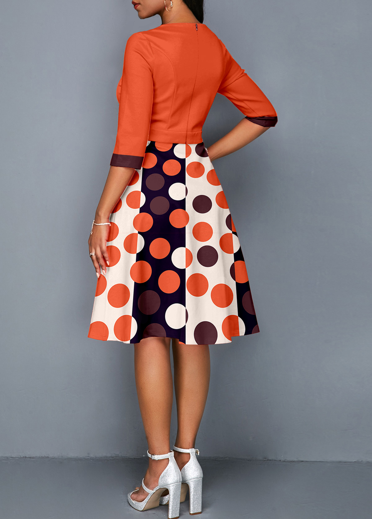 Orange dresses,White dresses,Geometric dresses,Dot dresses,Party dresses,Elegant dresses,ROTITA Button Geometric Print Orange Round Neck Dress