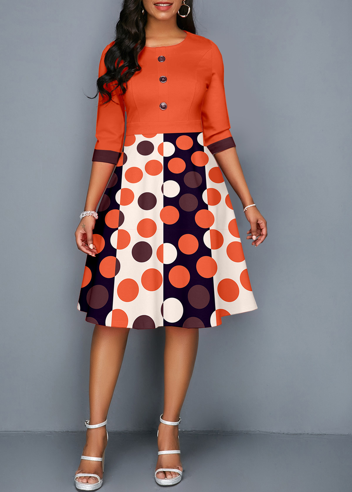 Orange dresses,White dresses,Geometric dresses,Dot dresses,Party dresses,Elegant dresses,ROTITA Button Geometric Print Orange Round Neck Dress