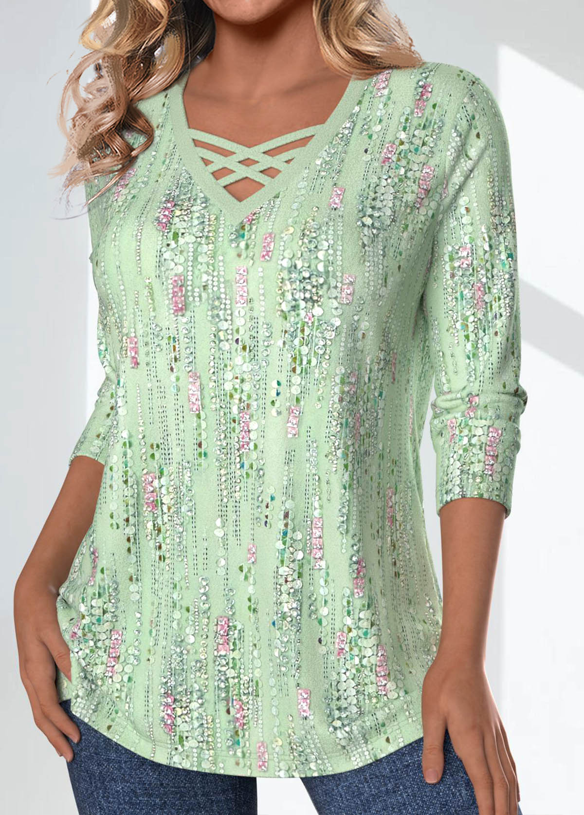 Light Green plus size,Geometric plus size,Striped plus size,Dot plus size,ROTITA Plus Size Criss Cross Light Green T Shirt