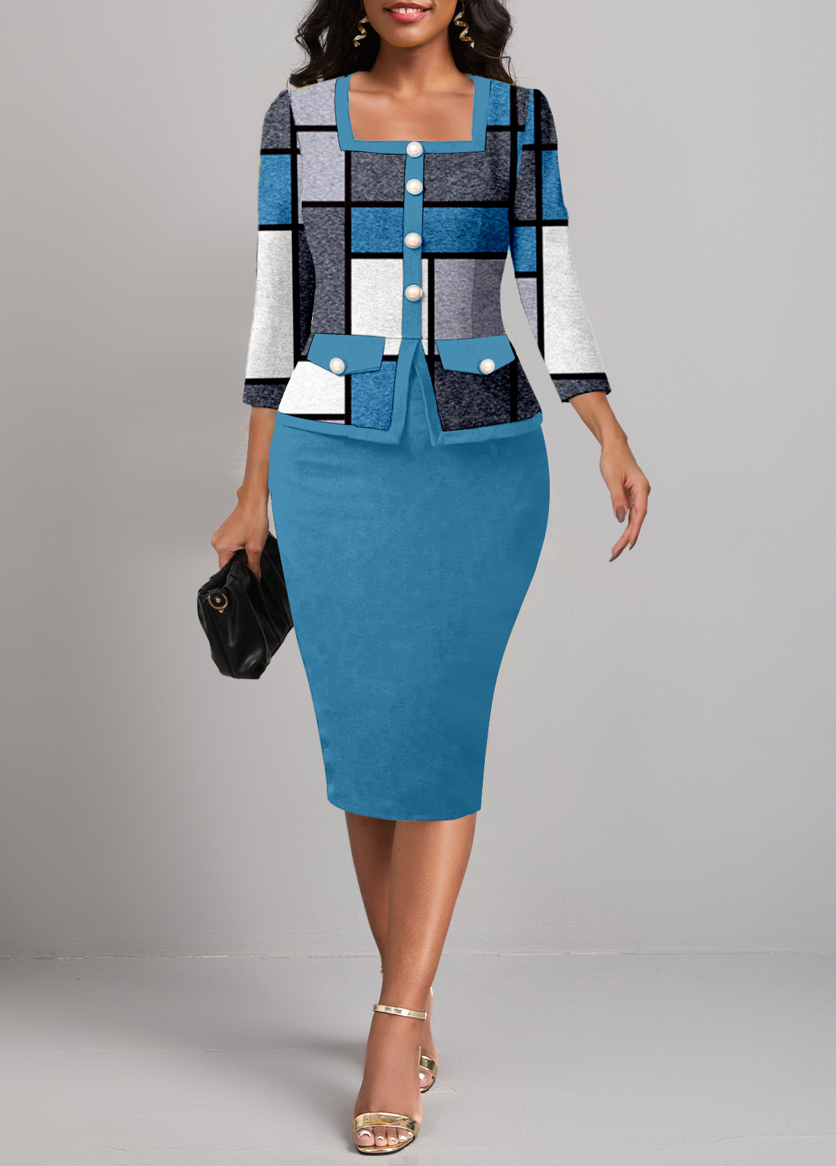 Peacock Blue dresses,Dark Grey Marl dresses,Geometric dresses,Striped dresses,Plaid dresses,Wear to Work dresses,Work dresses,ROTITA Button Geometric Print Peacock Blue Square Neck Bodycon Dress