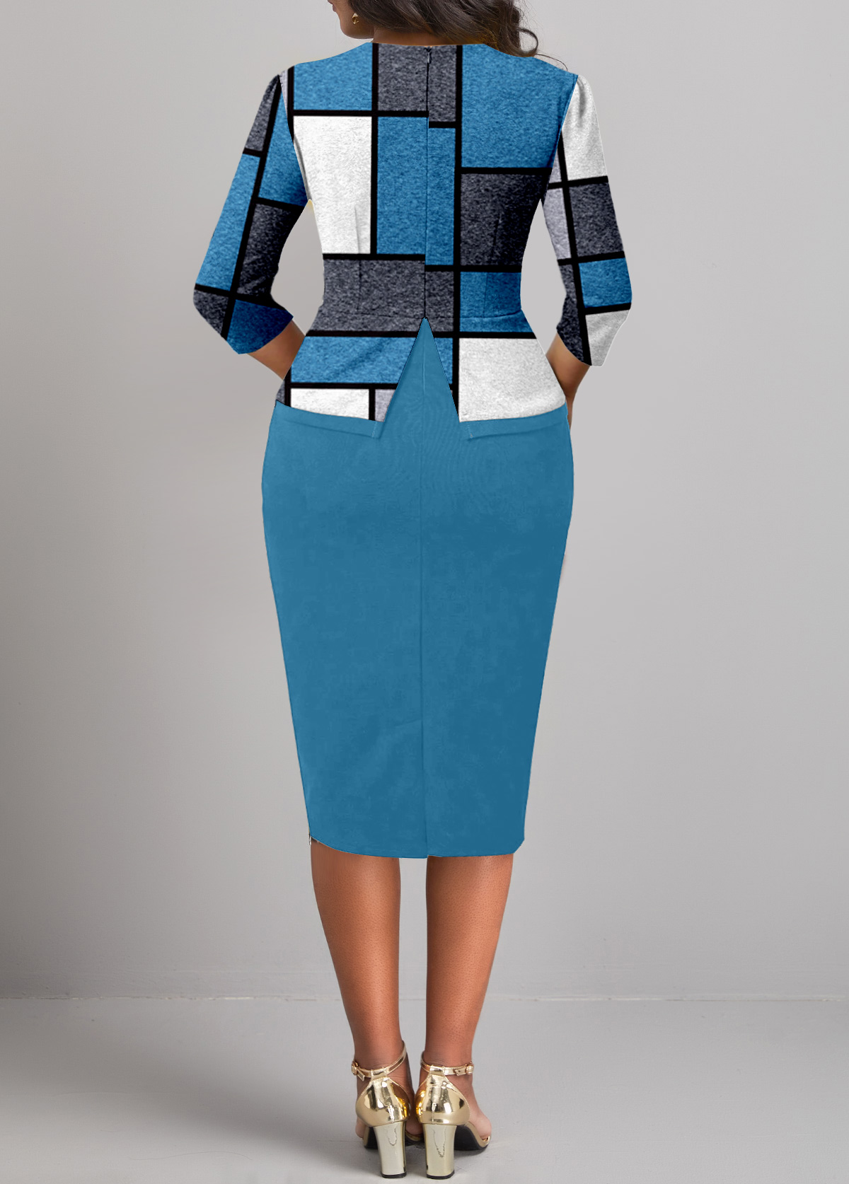 Peacock Blue dresses,Dark Grey Marl dresses,Geometric dresses,Striped dresses,Plaid dresses,Wear to Work dresses,Work dresses,ROTITA Button Geometric Print Peacock Blue Square Neck Bodycon Dress