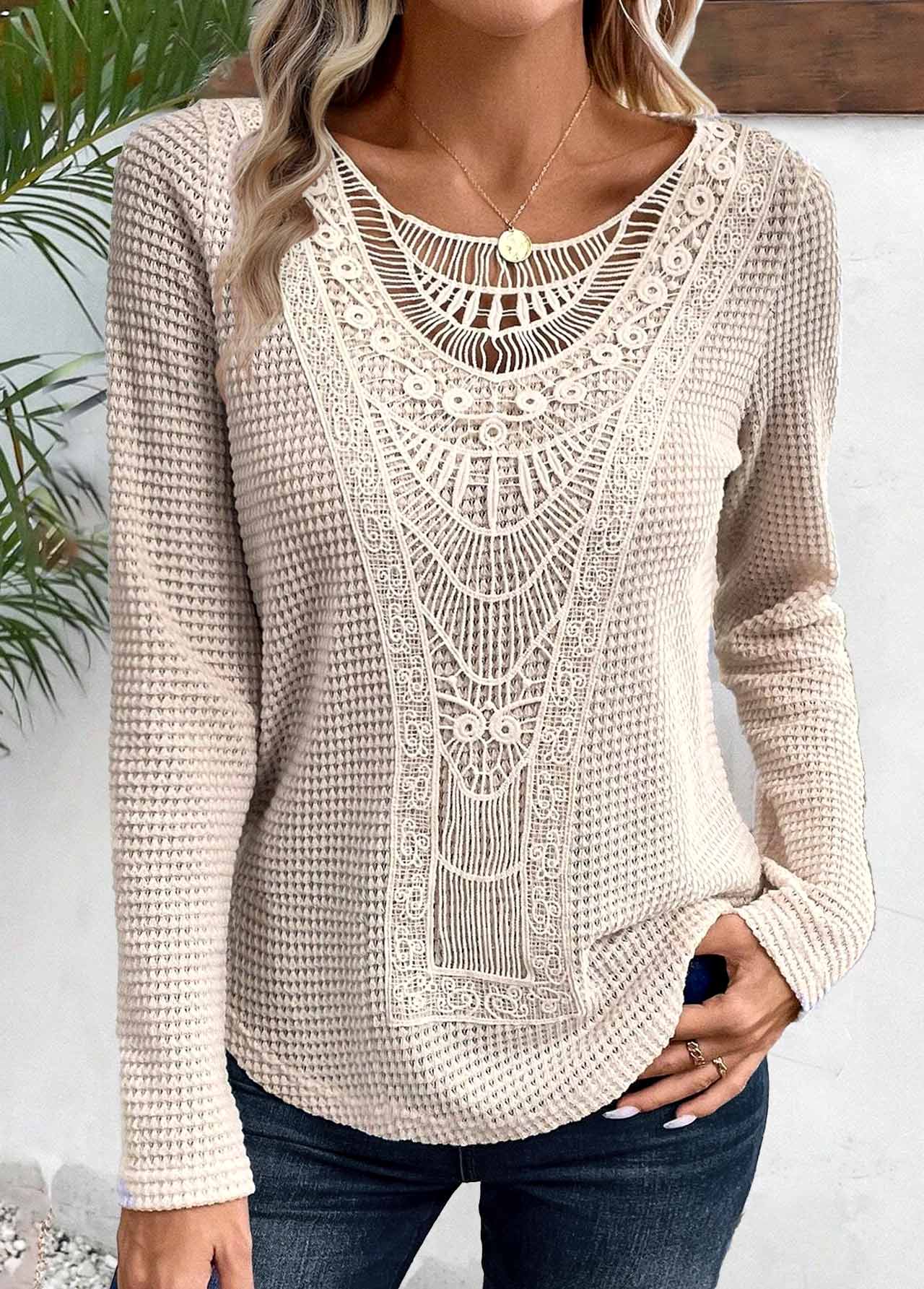 Beige plus size,Plain Color plus size,ROTITA Plus Size Lace Beige Round Neck T Shirt