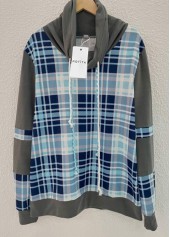 Light Blue tops,Plaid tops,Striped tops,Geometric tops,ROTITA Tartan Print Light Blue Cowl Neck Sweatshirt