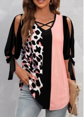Pink tops,Black tops,Leopard tops,Animal Print tops,ROTITA Criss Cross Leopard Pink V Neck Half Sleeve Blouse