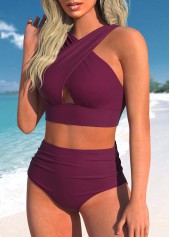Dark Reddish Purple swimwear,Plain Color swimwear,ROTITA Surplice Dark Reddish Purple High Waisted Bikini Set
