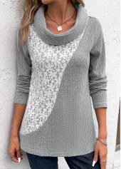 Light Grey tops,Contrast Color tops,ROTITA Patchwork Light Grey Cowl Neck Long Sleeve Sweatshirt