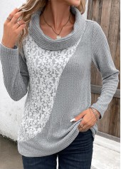 Light Grey tops,Contrast Color tops,ROTITA Patchwork Light Grey Cowl Neck Long Sleeve Sweatshirt