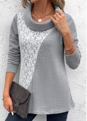 Light Grey tops,Contrast Color tops,ROTITA Patchwork Light Grey Cowl Neck Long Sleeve Sweatshirt