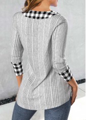 Light Grey tops,Plaid tops,Striped tops,Geometric tops,ROTITA Patchwork Plaid Light Grey Asymmetrical Neck Sweatshirt