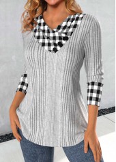 Light Grey tops,Plaid tops,Striped tops,Geometric tops,ROTITA Patchwork Plaid Light Grey Asymmetrical Neck Sweatshirt