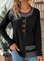 Black tops,Striped tops,Geometric tops,ROTITA Patchwork Striped Black Round Neck Long Sleeve T Shirt