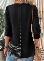 Black tops,Striped tops,Geometric tops,ROTITA Patchwork Striped Black Round Neck Long Sleeve T Shirt