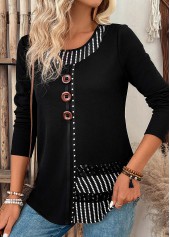 Black tops,Striped tops,Geometric tops,ROTITA Patchwork Striped Black Round Neck Long Sleeve T Shirt