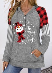 Grey tops,Plaid tops,Christmas tops,Letter tops,Striped tops,ROTITA Patchwork Christmas Print Grey Long Sleeve Hoodie