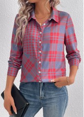 Red tops,Plaid tops,Geometric tops,Striped tops,ROTITA Button Plaid Red Shirt Collar Long Sleeve Blouse