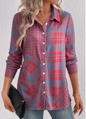 Red tops,Plaid tops,Geometric tops,Striped tops,ROTITA Button Plaid Red Shirt Collar Long Sleeve Blouse