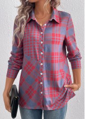 Red tops,Plaid tops,Geometric tops,Striped tops,ROTITA Button Plaid Red Shirt Collar Long Sleeve Blouse
