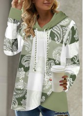 Light Green tops,Tribal tops,ROTITA Patchwork Tribal Print Light Green Long Sleeve Hoodie