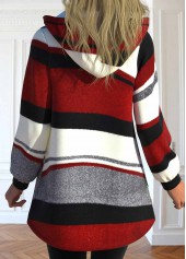 Wine Red tops,White tops,Geometric tops,Striped tops,ROTITA Pocket Geometric Print Wine Red Hooded Long Sleeve Coat