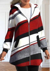 Wine Red tops,White tops,Geometric tops,Striped tops,ROTITA Pocket Geometric Print Wine Red Hooded Long Sleeve Coat