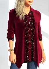 Wine Red tops,Plain Color tops,ROTITA Velvet Wine Red Shirt Collar Long Sleeve Blouse