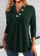 Blackish Green tops,Plain Color tops,ROTITA Button Blackish Green V Neck Long Sleeve T Shirt