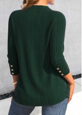 Blackish Green tops,Plain Color tops,ROTITA Button Blackish Green V Neck Long Sleeve T Shirt