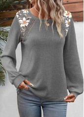 Dunkelgraues Rotita-Sweatshirt mit Patchwork-Blumendruck und Rundhalsausschnitt