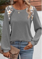 Dark Grey tops,Floral tops,Plants tops,ROTITA Patchwork Floral Print Dark Grey Round Neck Sweatshirt
