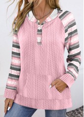 Pink tops,Striped tops,Geometric tops,ROTITA Textured Fabric Multi Stripe Print Pink Long Sleeve Hoodie