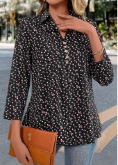 Black tops,White tops,Ditsy Floral tops,Dot tops,Button Ditsy Floral Print Black Shirt Collar Blouse