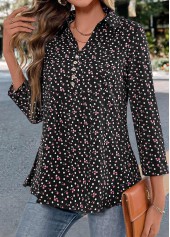 Black tops,White tops,Ditsy Floral tops,Dot tops,Button Ditsy Floral Print Black Shirt Collar Blouse