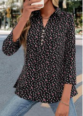 Black tops,White tops,Ditsy Floral tops,Dot tops,Button Ditsy Floral Print Black Shirt Collar Blouse