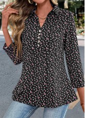Black tops,White tops,Ditsy Floral tops,Dot tops,Button Ditsy Floral Print Black Shirt Collar Blouse