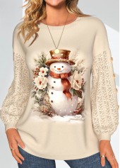 Rotita Langarm-Sweatshirt mit Weihnachts-Spitzen-Schneemann-Aufdruck und Rundhalsausschnitt