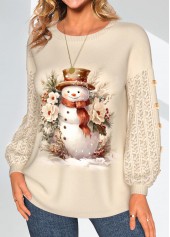 Light Camel tops,Christmas tops,Plants tops,Floral tops,ROTITA Christmas Lace Snowman Print Round Neck Long Sleeve Sweatshirt