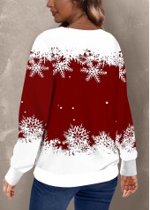 Wine Red tops,White tops,Christmas tops,ROTITA Patchwork Christmas Print Wine Red Round Neck Sweatshirt