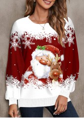 Wine Red tops,White tops,Christmas tops,ROTITA Patchwork Christmas Print Wine Red Round Neck Sweatshirt