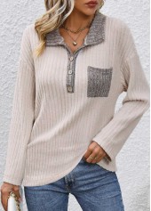Rotita Button Beige Langarm-Sweatshirt mit Umlegekragen
