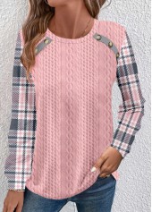 Rotita-Patchwork-Karo-Sweatshirt in Rosa mit Rundhalsausschnitt und langen Ärmeln