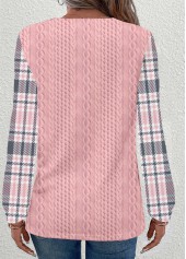 Pink tops,Plaid tops,Striped tops,Geometric tops,ROTITA Patchwork Plaid Pink Round Neck Long Sleeve Sweatshirt