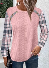 Pink tops,Plaid tops,Striped tops,Geometric tops,ROTITA Patchwork Plaid Pink Round Neck Long Sleeve Sweatshirt