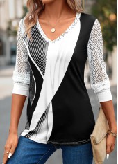 Grey tops,Black tops,Geometric tops,Striped tops,Lace Geometric Print Grey V Neck T Shirt