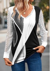 Grey tops,Black tops,Geometric tops,Striped tops,Lace Geometric Print Grey V Neck T Shirt