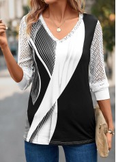 Grey tops,Black tops,Geometric tops,Striped tops,Lace Geometric Print Grey V Neck T Shirt