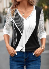 Grey tops,Black tops,Geometric tops,Striped tops,Lace Geometric Print Grey V Neck T Shirt